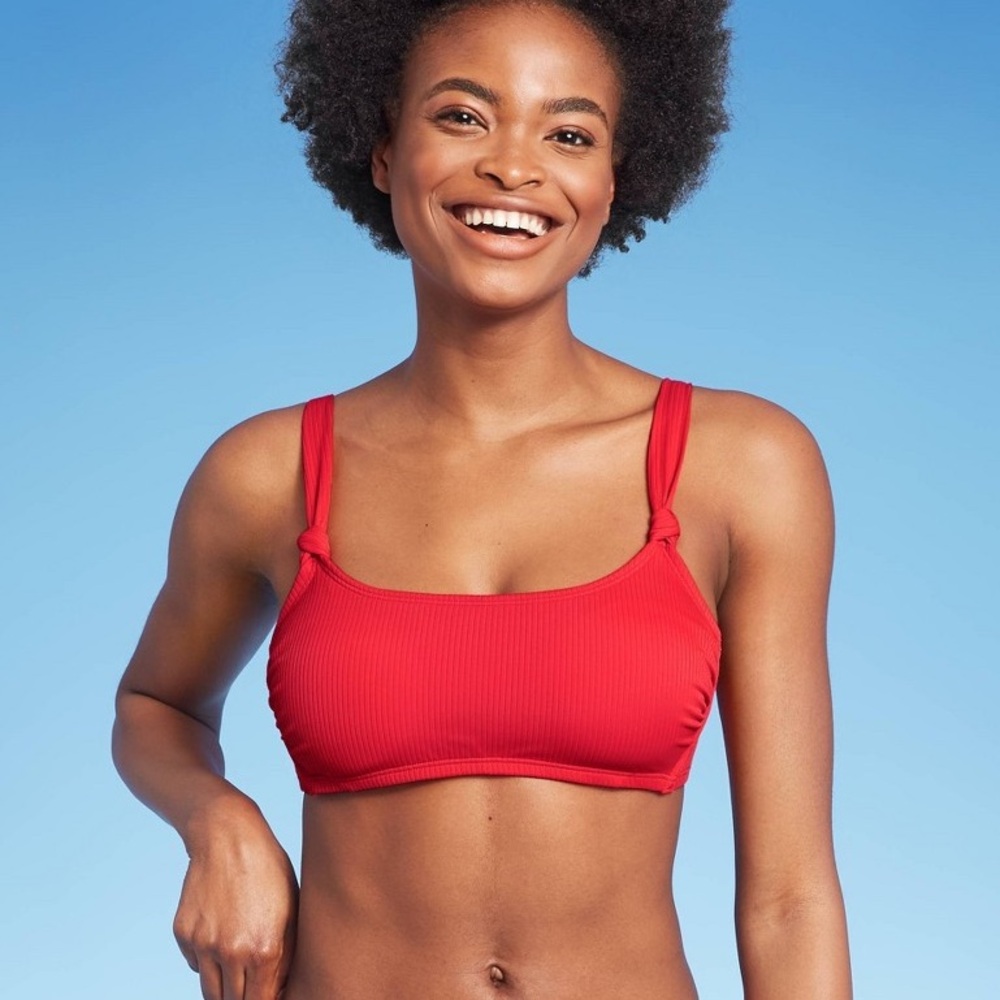 Xhilaration Red Ribbed Knotted Strap Bralette Bikini Top | Size D/DD